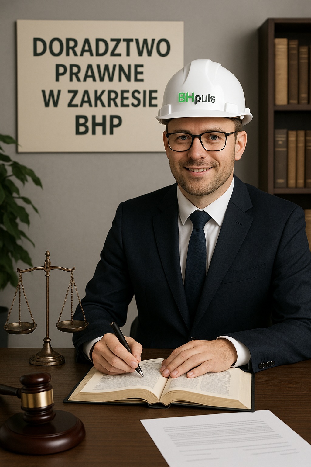 Specjalista BHP w kasku z logo BHpuls — doradztwo prawne BHP.