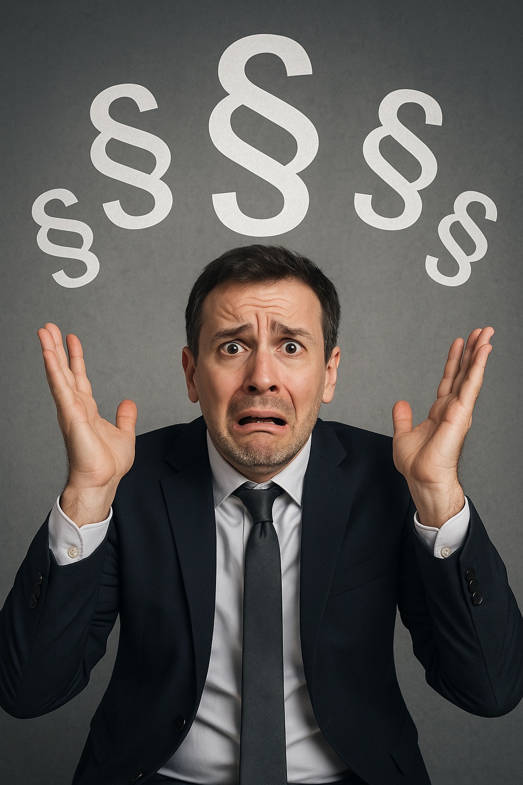 Zestresowany menedżer i symbole paragrafów — chaos w przepisach.